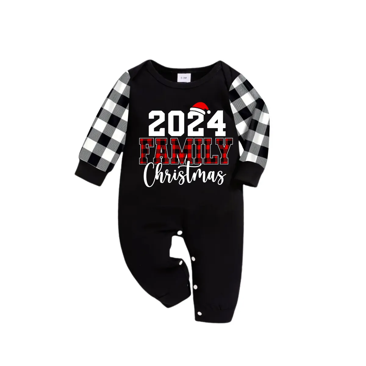 2024 Family Christmas Text Print Black Long Sleeve Top with Black And White Plaid Pants Family Matching Pajamas