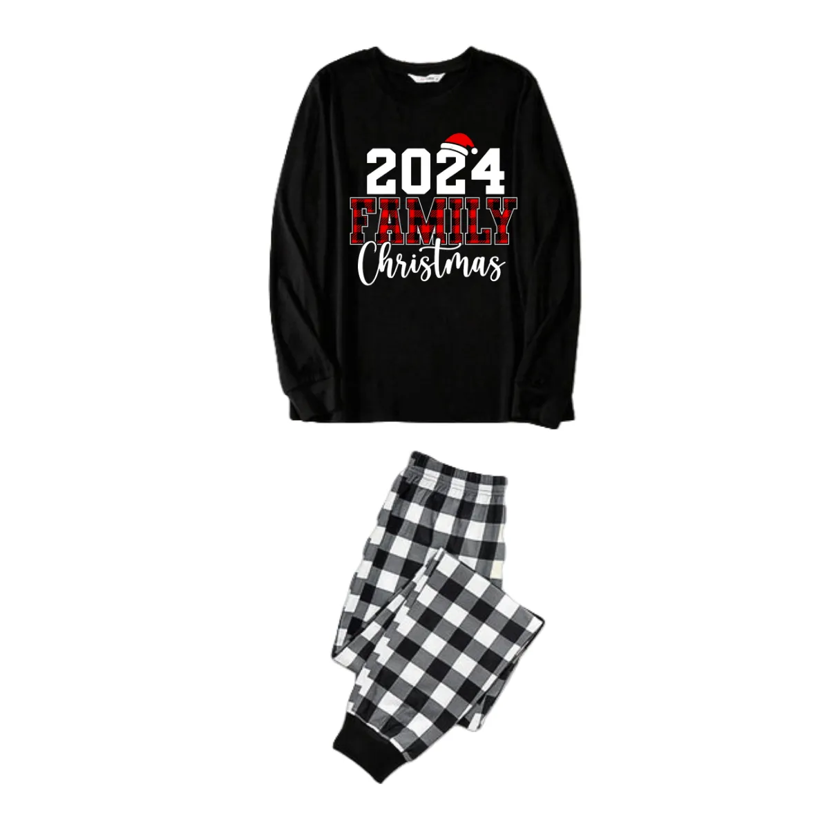 2024 Family Christmas Text Print Black Long Sleeve Top with Black And White Plaid Pants Family Matching Pajamas