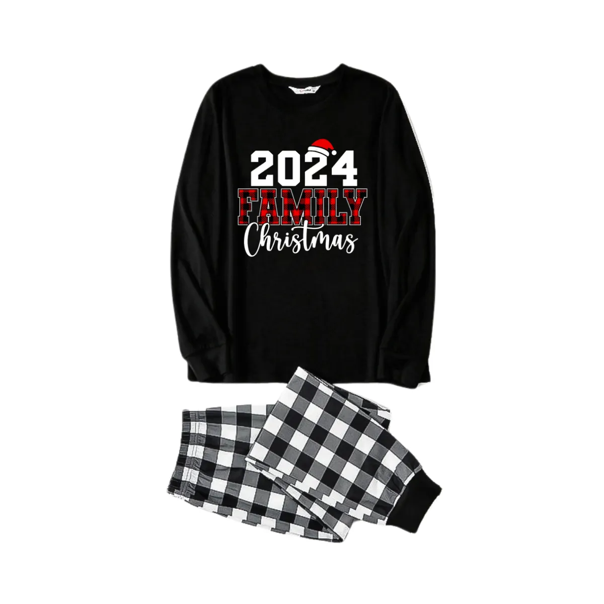 2024 Family Christmas Text Print Black Long Sleeve Top with Black And White Plaid Pants Family Matching Pajamas
