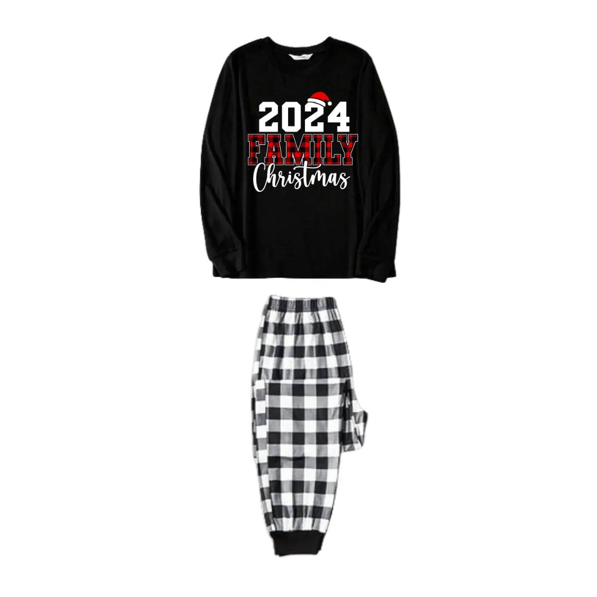 2024 Family Christmas Text Print Black Long Sleeve Top with Black And White Plaid Pants Family Matching Pajamas