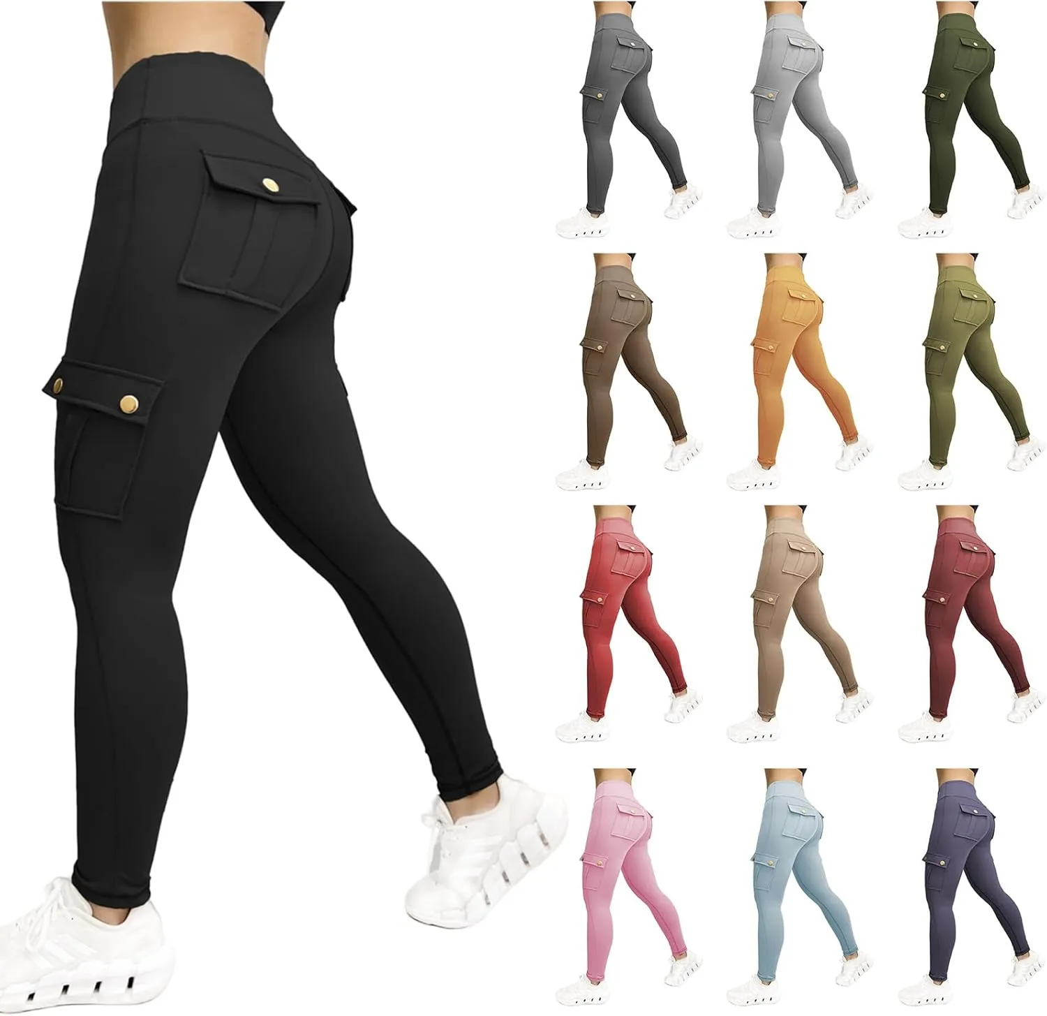 Cargo Leggings for Women Solid Camo Butt Lifting Leggings High Waist Tummy Control Running Yoga Pants Elastic Trousers