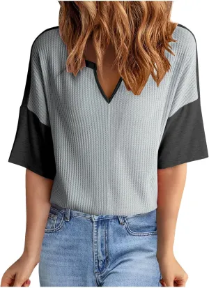 Waffle Knit Tops for Women Oversized Short Sleeve V Neck Color Block Shirts Casual Workout Trendy Soft Tees