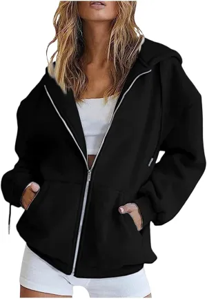 Womens Zip Up Hoodies Lightweight Fleece Jackets Oversized Long Sleeve Preppy Sweatshirt 2024 Fall Outfits Y2k Clothes