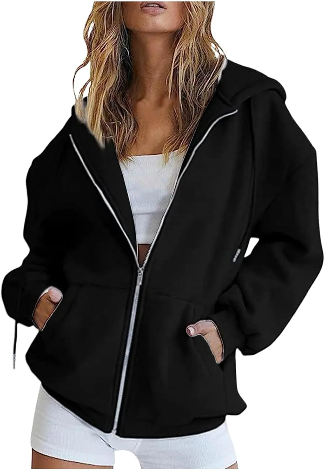 Womens Zip Up Hoodies Lightweight Fleece Jackets Oversized Long Sleeve Preppy Sweatshirt 2024 Fall Outfits Y2k Clothes